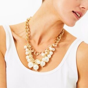 LILLY PULITZER PINK PALMS NECKLACE GOLD METALLIC,  PEARLS + RHINESTONES $108